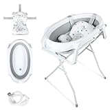 Monucep Babywanne mit Gestell,Faltbare Baby Badewanne,Babybadewanne mit Temperatursensor und Bath Mat, Babybadewanne mit gestell+Ablaufsystem,Babywanne für Neugeborene und Kleinkinder, Grau