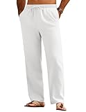COOFANDY Hosen Herren Leinenhose mit Kordelzug Leichte Sommerhose Freizeithose Stoffhose Sommer Hose Männer Strandhose Einfarbig Yogahose Herren Lang Weiß L