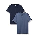 Amazon Essentials Herren Kurzärmliges Henley-T-Shirt aus Baumwolle mit normaler Passform, 2er-Pack, Jeans/Marineblau, L