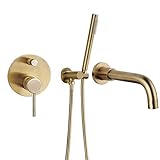 MESOVFCA Badezimmer-Duschsystem, Mischventil, 2 Funktionen, Badewannenfüller, Mischbatterien, Warm- und Kaltwasser-Badezimmer-Duschhahn mit Handbrause, Gold
