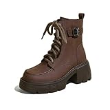 100junzidao Damen-Stiefeletten im Motorradstil – Schnürstiefeletten aus Leder mit klobigem Absatz und Dicker Rutschfester Sohle, wasserdicht für anspruchsvolle Arbeit und den täglichen Weg zur Arbeit