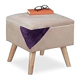 Relaxdays Samthocker mit Stauraum, gepolstert, eckig, mit Holzbeinen, Wohnzimmer Sitzhocker, HBT: 40x40x40 cm, Creme
