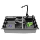 OUKANING Edelstahl Spüle Küchenspüle 78cm, Einbau Küchenspüle aus 304 Edelstahl mit 1.0mm Dicke, Spülbecken mit Seifenspender, Abtropfkorb, Geräuschschutz, Überlaufloch (Schwarz)