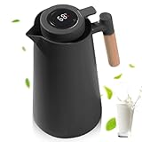 Thermoskanne 1L, Tee Thermoskanne mit Temperaturanzeige, Kaffeekanne Thermo mit Holzgriff, Isolierkanne mit Einfachem Sicherheitstaster, Teekanne Thermo, Thermosflasche Für Home Office Hotel, Schwarz