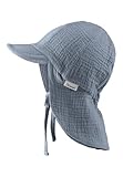 Sterntaler Schirmmütze Nacken Musselin - Unisex Mütze aus Baumwoll Musselin (Bio) - UV-Schutz 50+ Sonnenhut mit Nackenschutz - Baby- und Kinder Sommer Kopfbedeckung zum Binden - graublau, Größe 43