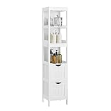 VASAGLE Hochschrank, Aufbewahrungsschrank auf Füßen, schmale Säule, mit 2 Schubladen und 3 offenen Fächern, 30 x 30 x 141,5 cm, für Badezimmer, Wohnzimmer, Küche, weiß, BBC66WT