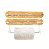 3 in 1 Frischhaltefolienspender mit Küchenrollenhalterung, Wandrollenhalter mit Cutter, Alufolienspender und Folienspender, Wandmontiert Magnetischer Papierhandtuchhalter (Bambus Holz)