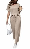 CheChury Zweiteiler Damen Lounge Set Rundhals Einfarbig Loungewear Gerippt Shirt Top Jogginghose Sets Kurzarm mit Hose 2-Teiliges Hausanzug Jogginganzug Sporthose Sleepwear Freizeit Outfit