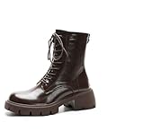 100junzidao Damen-Schnürstiefeletten aus Leder – klobiger Absatz mit Dicker Sohle, wasserdicht und rutschfest für ganztägige Arbeit und den Weg zur Arbeit
