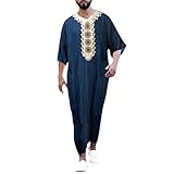 YOSUWOAI Muslim Kleider Herren Ethnische Kleidung Ramadan Lang Gebetskleidung Vintage V-Ausschnitt Herrenkleidung Muslimische Robe Islamischen Dubai Halbarm Gestreiftes Druck Kleid