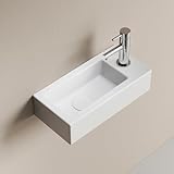 EMKE Hänge-Waschbecken 365 x 180 x 90 mm – Kompaktes und elegantes Waschbecken für kleine Badezimmer und Gäste-WC – Rechtshängender Wasserhahn, Wandmontage, Weiß glänzend