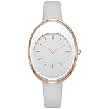 JewelryWe Damenuhr Leder Ovale Uhr: Damen Kleine Analog Quarz Armbanduhr Frauen Weiß Schmales Lederarmband Ultradünne Lässige Uhr mit Ovalem Gehäuse