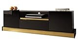 Mirjan24 TV Lowboard Merista 03 mit 2 Türen, Schublade und Ablage, gedämpftem Schließsystem, Fernsehtisch Fernsehschrank Sideboard TV Tisch TV Schrank TV Bank (Schwarz/Schwarz Hochglanz + Gold)