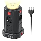 2 m Steckdosenleiste mit Nachtlicht 12 Universalsteckdosen 10/16 A ITA und Schuko und 3 USB A + 1 USB C Überspannungsschutz mit 4 unabhängigen Schaltern für Büro, Zuhause