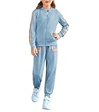 GRACE KARIN Kinder Trainingsanzug Mädchen Trainingsanzug Sportanzug Set Mädchen Jogginganzug Lässig Langärmelig Stehkragen Reißverschluss Oberteil + Hose Hellblau 8 Jahre