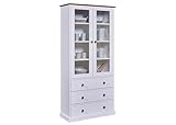 Inter Link – Vitrinenschrank – Buffet-Schrank - Geschirrschrank - Esszimmerschrank - Landhausstil – Vitrine - Kiefer - Massivholz FSC – 2 Türen – 3 Schubladen – 90 x 190 x 38 cm -Westerland 10 – Weiß