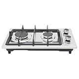 Qussse Gaskochfeld 2 Flammig, Edelstahl Gasherd mit 1.5m Gasschlauch NG/LPG Tragbare Gaskocher mit Piezo-Zündung 3000W+1750W für Camping Wohnmobile Boote und Haus