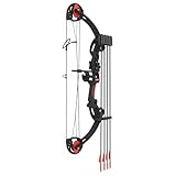 Jugend Compoundbogen Einstellbar 16-29lbs Compoundbogenset mit Zielpapier, Armschutz, Single-Pin Visier & 12 Pfeilen Verstellbarer Jugendbogen für Bogensport Training (Schwarz)