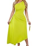 Heiikiuy Damen Midikleid mit One-Shoulder-Träger, Rückenfrei, Wickelsaum, Gedrehter Rüschenpartie, Sommerparty, Cocktailkleid Gelb-Grün L