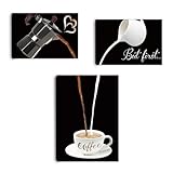 HPNIUB Bild auf Leinwand Kaffee Cafe Bilder Küche,3 Teile Bilder fertig gerahmt auf echtem Holzrahmen, Ausführung Kunstdruck als Wandbild Küche Küchenbilder Leinwand Kaffee Bilder