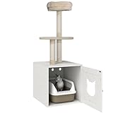 PawHut Kratzbaum mit Toilettenhaus, 2-in-1-Spielturm, 129 cm große Katzenhöhle mit Kantenschutz, Kratzsäulen, Plattform, Bett, cremefarben