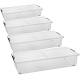 SUSTANIA Unterbettkommode 4er Set, Aufbewahrungsbox, 91x41x15 cm, transparent, Polypropylen, mit stabilem Deckel, stapelbar, perfekter Bettkasten für Kleidung, Schuhe, Bettwäsche