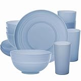 Greentainer Geschirrsets aus Kunststoff (12pcs) | Leichtes und Unzerbrechliches Komplett-Set,Tellerset, Schüsseln,Tassen,Tafel-Service für 4 Person（Blau)