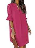 JOCAFIYE Frauen V-Ausschnitt Rüschen Hemdkleid Einfarbige Casual Sommer Kurzes Einfarbig Kleid Rose XXL