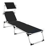 tectake Sonnenliege mit Dach, Balkon Liege aus Aluminium, klappbare Gartenliege, wetterfest, Liegestuhl für Garten, Camping und Strand mit Verstellbarer Rückenlehne, 2 Tragegriffe - schwarz