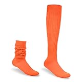 AOZUO Extra lange Trachtensocken Damen, Neon Kniestrümpfe Damen Slouch Socken Gestrickte Stiefelsocken Sportsocken Lagensocken 90 er Jahre Neon Kleidung Thermosocken 80er Jahre Outfit(orange)