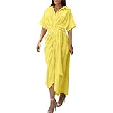 Damen-Sommerkleid, Schnürung, mittellang, kurzärmelig, Strandkleid, Sonnenkleid, Urlaub, einfarbig, T-Shirt, Cocktail, Frühling, trendige Outfits, lässig, langes T-Shirt, Lehrerkleidung, gelb, M