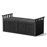 FANTASK Gartenbox Holz, Aufbewharungsbox Outdoor, für Garten Terrasse, 128 x 58 x 53 cm, 209 L Auflagenbox mit Armlehnen & Deckel & Griff, Schwarz