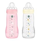 MAM | Easy Active Flasche 6+ Monate, Farbe Beeren+Perle (2 x 330 ml) – mit Silikonsauger, ultra-schneller X-Geschwindigkeit, Babyflasche mit luftdichtem Verschluss