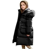 linboo Winterjacke Mädchen Mittlere Länge Wintermantel mit Fellkapuze Steppjacke Winddicht Daunenjacke mit Gürtel Parka Jacke Kinder Winter Mantel Outdoorjacke, Schwarz, 152-158(Herstellersgröße: 160)