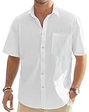 J.VER Leinenhemd Herren Hemd Kurzarm Leinenshirt Freizeithemd Businesshemd Sommer Casual Regular Fit Shirt,Weiß,XXL