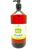 Mandelöl BIO 1000 ml süß, kaltgepresst 100% rein Massageöl, Babyöl Gesicht, Körper, Haar, Bart, Nägel, Muskelentspannung