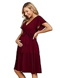 KOJOOIN Damen Umstandskleid V-Ausschnitt Stillkleid Casual Schwangerschafts Kleider mit Rüsche Burgundy(Kurzarm) S