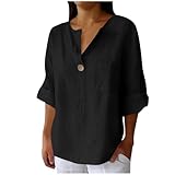 Bluse Damen Elegant,Musselin Bluse Damen, Frauen Baumwolle Und Leinen Mode V-Ausschnitt 3/4 Ärmel Knopf Blusentops, Sommer Oberteile