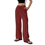 Leinenhose Damen Sommer Lang - Sommerhose Damen Leicht Große Größen Freizeithose Baggy Bequem Stoffhose Einfarbig Elegante Weite Hose Gummizug Damenhose Boho Strandhose Beach Sporthose