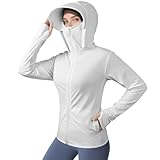 AUYAO Damen Laufjacke UV 50+ Atmungsaktive Sportjacke Langarm Gym Top mit Tasche Sportshirt mit Reißverschluss Sportliches Sonnenschutzoberteil mit abnehmbarer Krempe für Fitness Joggen Tennis(Weiß,L)
