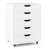 GIANTEX Rollcontainer mit 5 Schubladen, Aktenschrank mit Rollen, Schubladenschrank Holz, Druckertisch für Zuhause & Büro, 49 x 40 x 65 cm (Weiß)