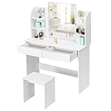 WOLTU Schminktisch Kosmetiktisch mit Hocker und Spiegel, Hochglanz Tischplatte, 108x40x143cm, Frisierkommode Schminkspiegel MB6044ws, Weiß