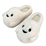 Halloween-Hausschuhe für Damen, niedlich, Cartoon, warm, aus Plüsch, Innenfutter, Memory-Schaum, Fleece, für Zuhause, Herbst und Winter, weiß, 36 EU