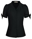 Belle Poque Damen Elegant Bluse Leicht Slim Fit Tunika Puff Kurzarm Hemd Schwarz S