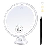 MIYADIVA Vergrößerungsspiegel Mit Licht 30X - Make-up-Spiegel für Präzision, 3 Farben Modi, Einstellbare Helligkeit, 360° Rotating Saugnapf für Bad, 8 Zoll