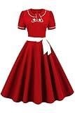 AXOE Damen Petticoat Kleid 50er Jahre Retro Rockabilly A-Line mit Abnehmbarem Gürtel Rot, Gr.34, S