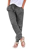 Hose Damen Sommer Casual Baumwolle Leinen Stoffhose Einfarbig Freizeithose Stretch Leicht Leinenhose Straight Leg Hose und Taschen (Z dunkelgrau, XL)
