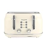 Salter Retro Toaster 4 Scheiben – Breite Schlitze, 6 Bräunungsgrad, Auftauen, Aufwärmen, Abbrechen Funktionen, Herausnehmbare Krümelschublade, Selbstzentrierung, 1630 W, Creme, EK5739CRMVDE