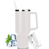 Hrobig 40oz Thermobecher mit Strohhalm und Henkel, 1180ml Kaffeebecher To Go mit Deckel, Doppelwandiger Edelstahl Vakuum Isolierbecher Tragbare Autobecher für Kalte Heiße Getränke - Weiß