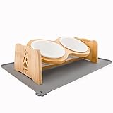 Premium Hundenapf Keramik, Katzennapf höhenverstellbar, 350ml pro Napf, Futternapf für Hund und Katze, ideal für kleine Hunde und Katzen, Näpfe mit Futterstation aus Bambus + rutschfeste Napfunterlage